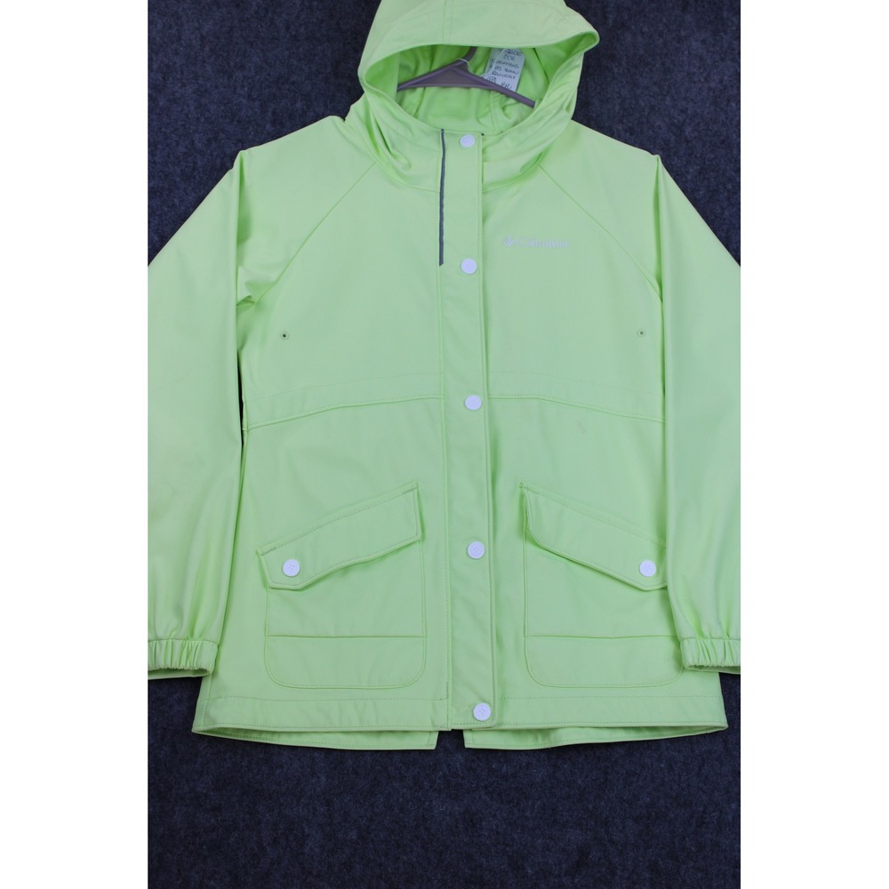 Columbia Girls Medium 10/12 Rain Jacket Neon Lime Green Hooded Shell Coat
